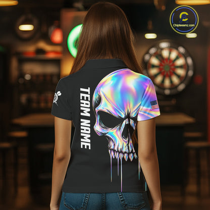 Black And Holographic Skull Darts Shirt For Women Custom US Flag Darts Team Jersey Polo & 1/4 Zip TDM7846