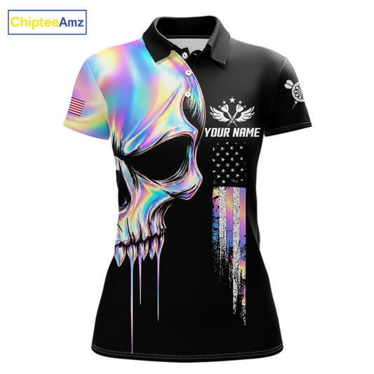 Black And Holographic Skull Darts Shirt For Women Custom US Flag Darts Team Jersey Polo & 1/4 Zip TDM7846