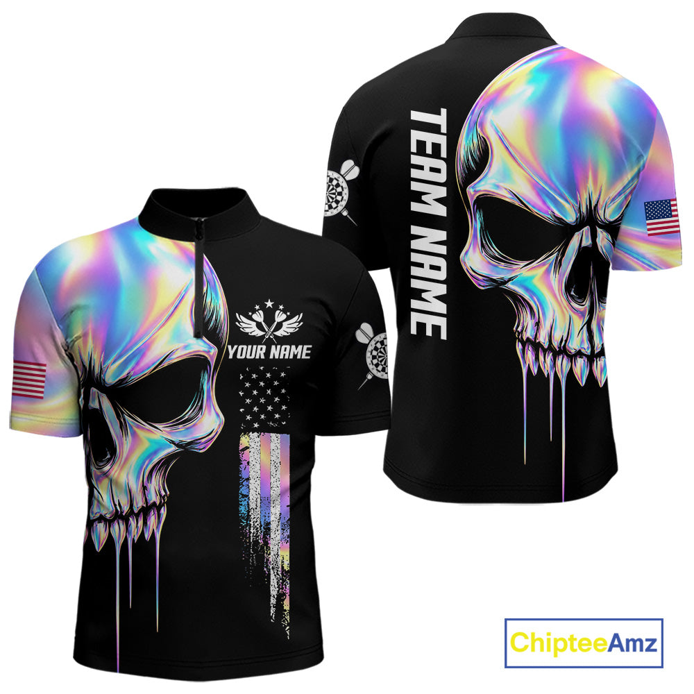 Black And Holographic Skull Darts Shirt For Men Custom US Flag Darts Team Jersey Polo & 1/4 Zip TDM7846