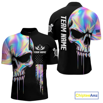 Black And Holographic Skull Darts Shirt For Men Custom US Flag Darts Team Jersey Polo & 1/4 Zip TDM7846