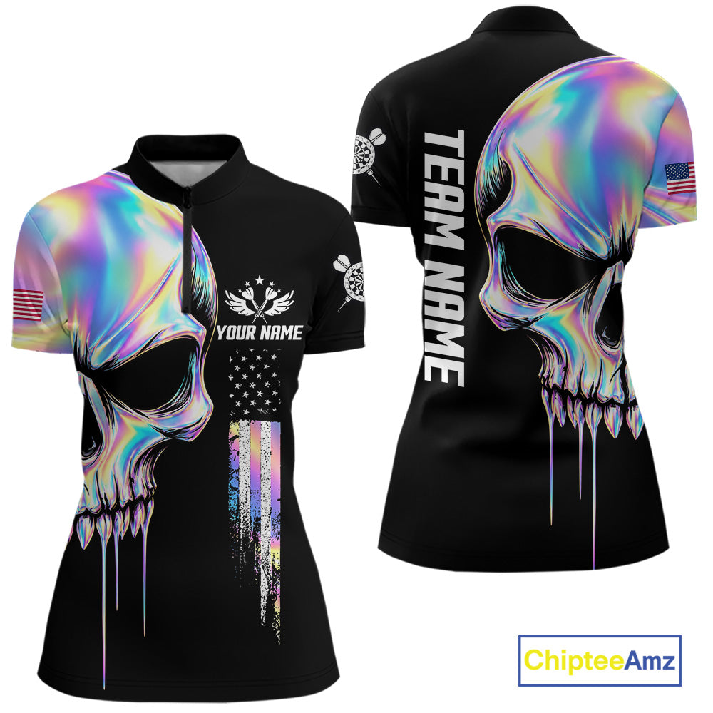 Black And Holographic Skull Darts Shirt For Women Custom US Flag Darts Team Jersey Polo & 1/4 Zip TDM7846