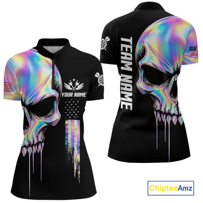 Black And Holographic Skull Darts Shirt For Women Custom US Flag Darts Team Jersey Polo & 1/4 Zip TDM7846