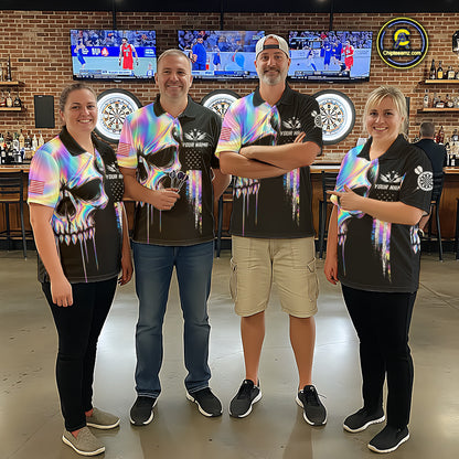 Black And Holographic Skull Darts Shirt For Men Custom US Flag Darts Team Jersey Polo & 1/4 Zip TDM7846