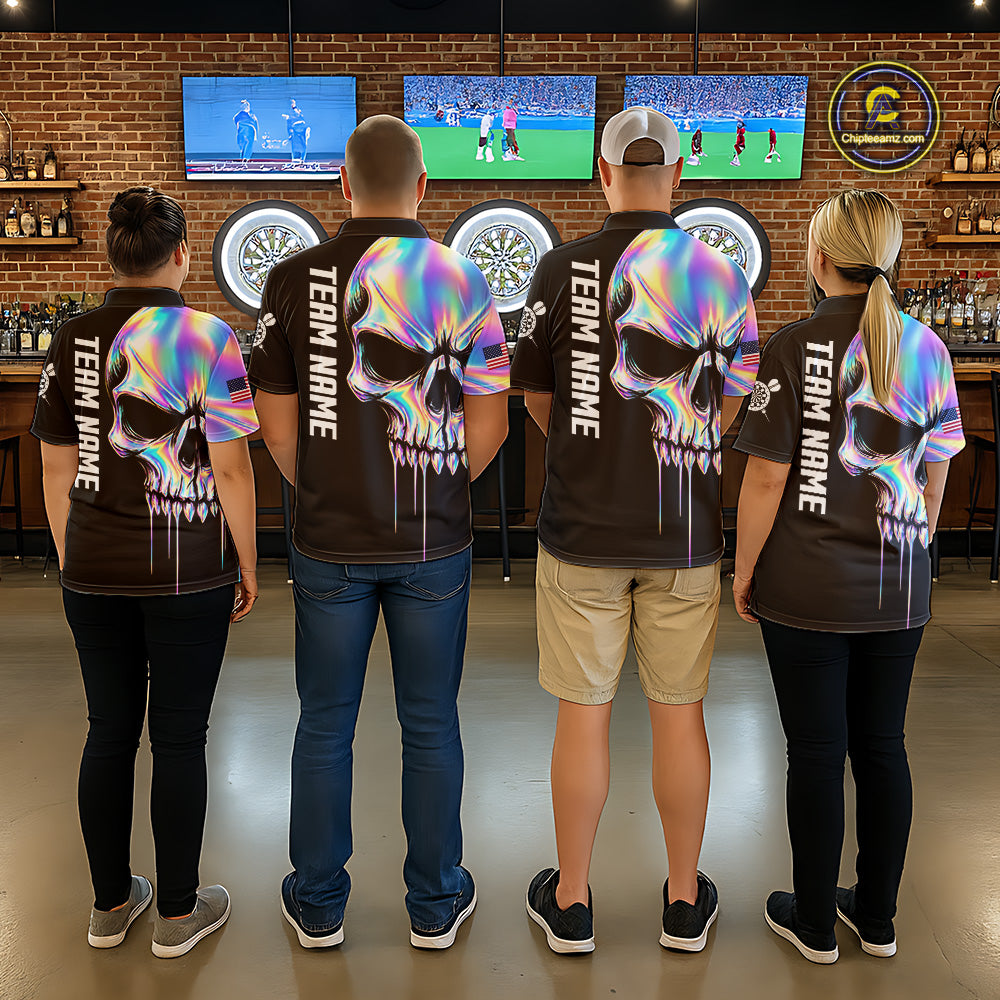 Black And Holographic Skull Darts Shirt For Men Custom US Flag Darts Team Jersey Polo & 1/4 Zip TDM7846