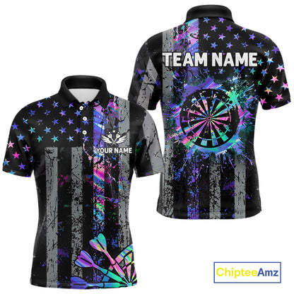 Custom Holographic Grunge US Flag Darts Shirt For Men, Patriotic Darts Team Jerseys Polo & 1/4 Zip TDM5455