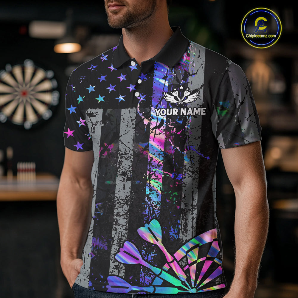Custom Holographic Grunge US Flag Darts Shirt For Men, Patriotic Darts Team Jerseys Polo & 1/4 Zip TDM5455