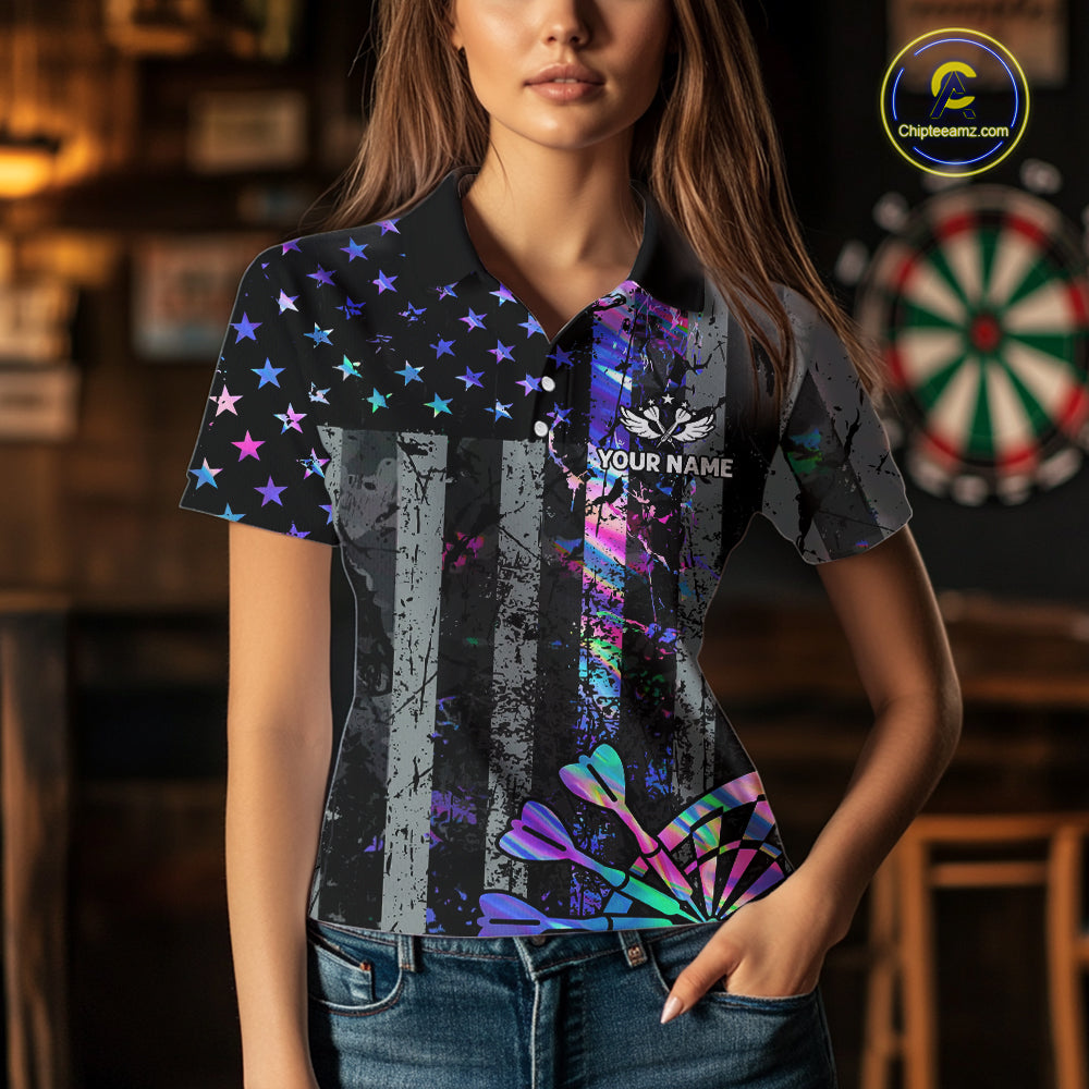 Custom Holographic Grunge US Flag Darts Shirt For Women, Patriotic Darts Team Jerseys Polo & 1/4 Zip TDM5455