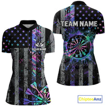 Load image into Gallery viewer, Custom Holographic Grunge US Flag Darts Shirt For Women, Patriotic Darts Team Jerseys Polo &amp; 1/4 Zip TDM5455
