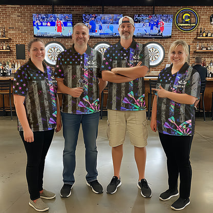 Custom Holographic Grunge US Flag Darts Shirt For Women, Patriotic Darts Team Jerseys Polo & 1/4 Zip TDM5455