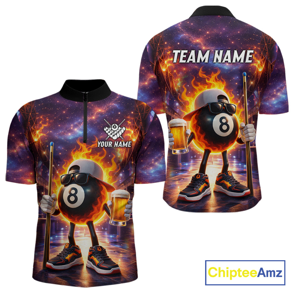 Flame 8 Ball Billiard Shirt For Men Custom Funny Pool Shirt, Billiard Team Jersey Polo & 1/4 Zip TDM5714