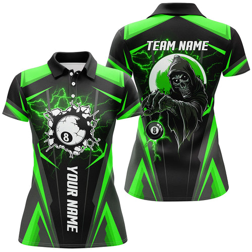 Personalized Green Billiard Grim Reaper Women Polo Shirts, Custom Team League Billiard Jerseys Shirts TDM1112