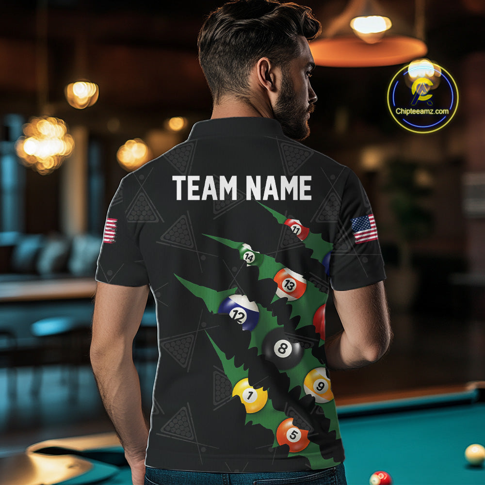 Personalized Scratch Black 8 Ball Billiard Shirt For Men, Pool Team Jersey Polo 1/4 Zip |Green TDM6070
