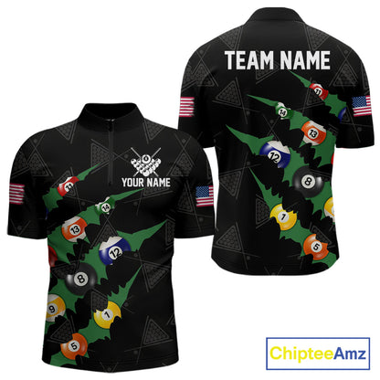 Personalized Scratch Black 8 Ball Billiard Shirt For Men, Pool Team Jersey Polo 1/4 Zip |Green TDM6070