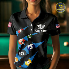 Load image into Gallery viewer, Personalized Scratch Black 8 Ball Billiard Shirt For Women, Pool Team Jersey Polo 1/4 Zip |Blue TDM6071