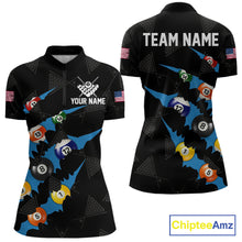 Load image into Gallery viewer, Personalized Scratch Black 8 Ball Billiard Shirt For Women, Pool Team Jersey Polo 1/4 Zip |Blue TDM6071