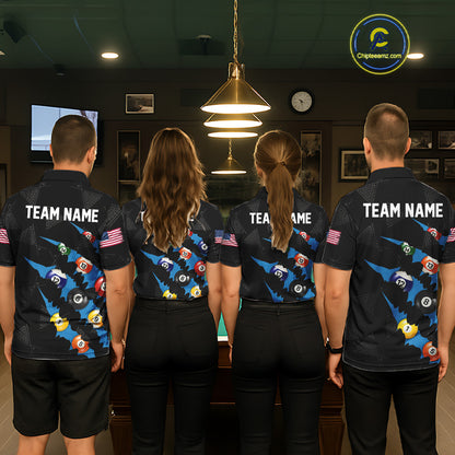 Personalized Scratch Black 8 Ball Billiard Shirt For Men, Pool Team Jersey Polo 1/4 Zip |Blue TDM6071
