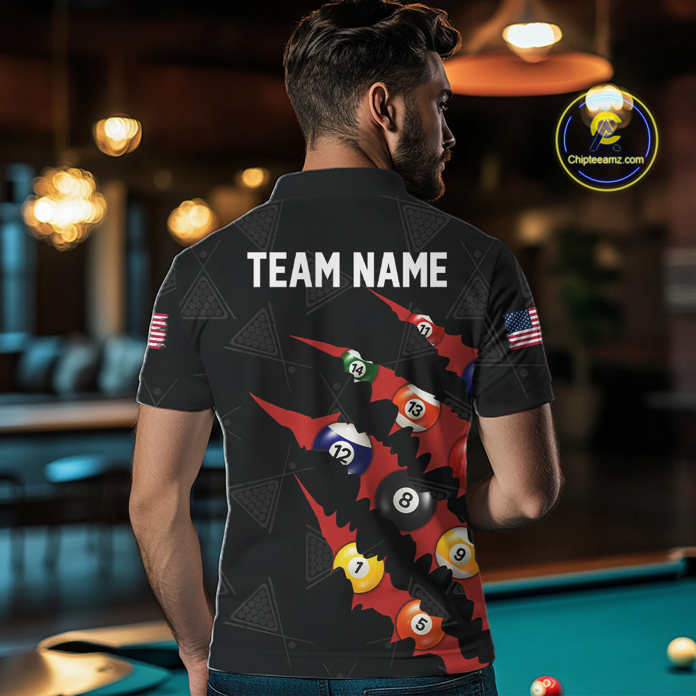 Personalized Scratch Black 8 Ball Billiard Shirt For Men, Pool Team Jersey Polo 1/4 Zip |Red TDM6072