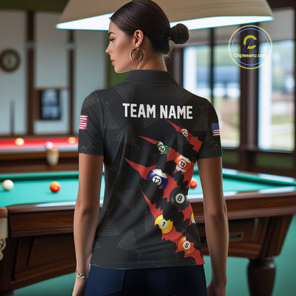 Personalized Scratch Black 8 Ball Billiard Shirt For Women, Pool Team Jersey Polo 1/4 Zip |Red TDM6072