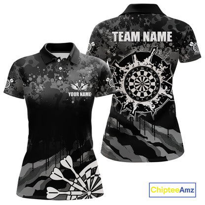 Black Grey Grunge Camo Darts Shirt For Women Custom Darts Jersey Team Polo & 1/4 Zip, Darts Uniform TDM6322