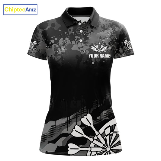 Black Grey Grunge Camo Darts Shirt For Women Custom Darts Jersey Team Polo & 1/4 Zip, Darts Uniform TDM6322