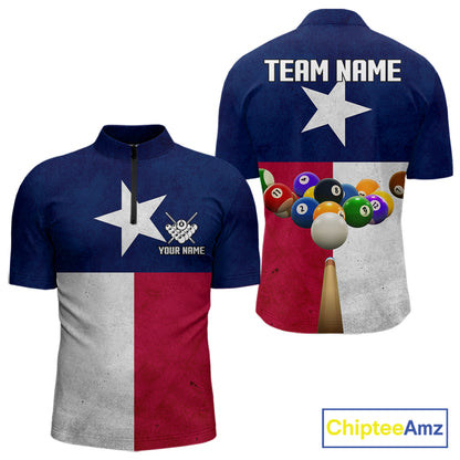 Personalized Vintage Texas Flag Billiard Shirt For Men, Patriotic Pool Team Jersey Polo & 1/4 Zip TDM6331