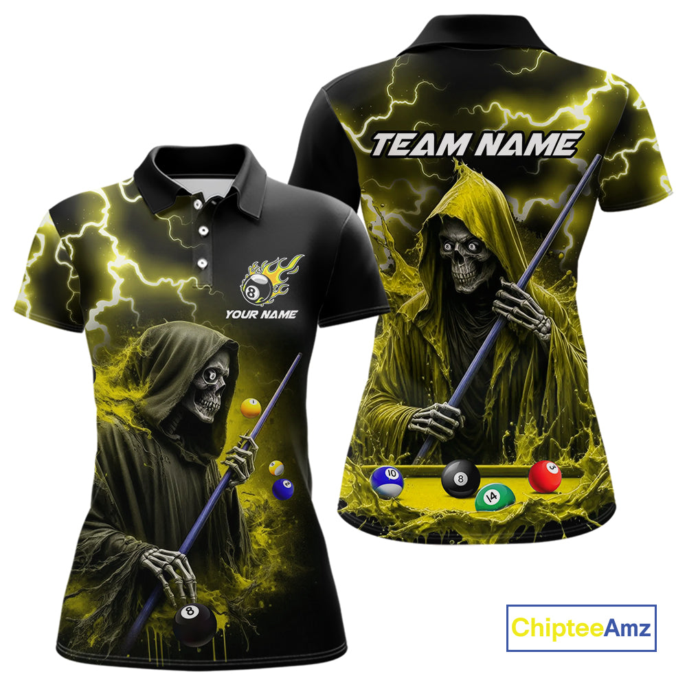 Yellow Grim Reaper Billiard Shirts For Women Custom Thunder Lightning Team League Billiard Jerseys TDM3986