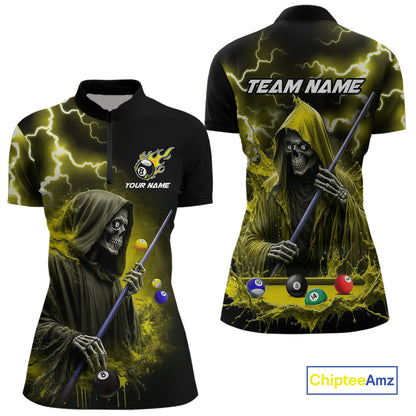 Yellow Grim Reaper Billiard Shirts For Women Custom Thunder Lightning Team League Billiard Jerseys TDM3986