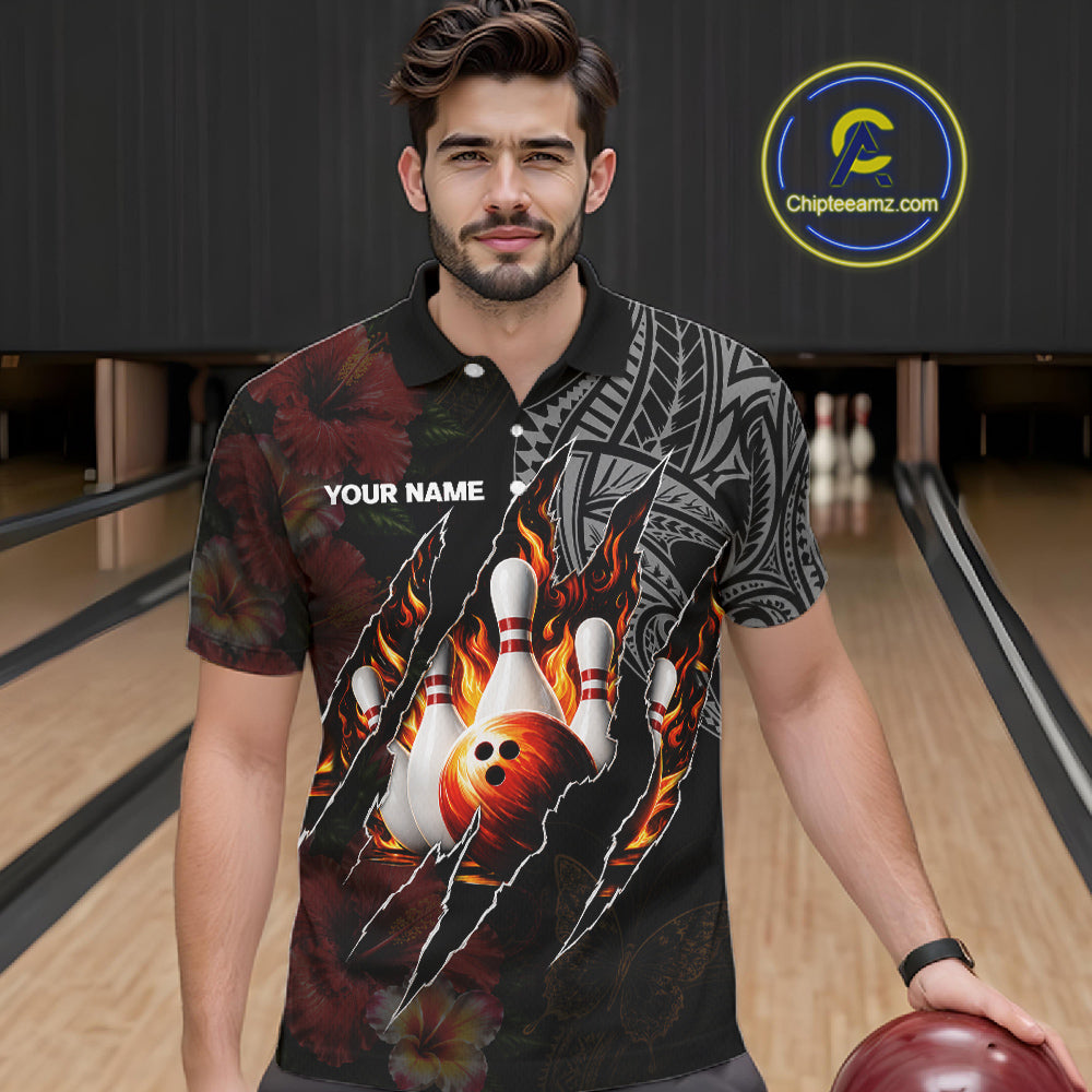 Personalized Hibiscus Flower Flame Bowling Shirt For Men, Tribal Bowling Team Jersey Polo, 1/4 Zip TDM6501