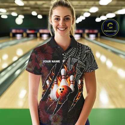 Personalized Hibiscus Flower Flame Bowling Shirt For Women, Tribal Bowling Team Jersey Polo, 1/4 Zip TDM6501