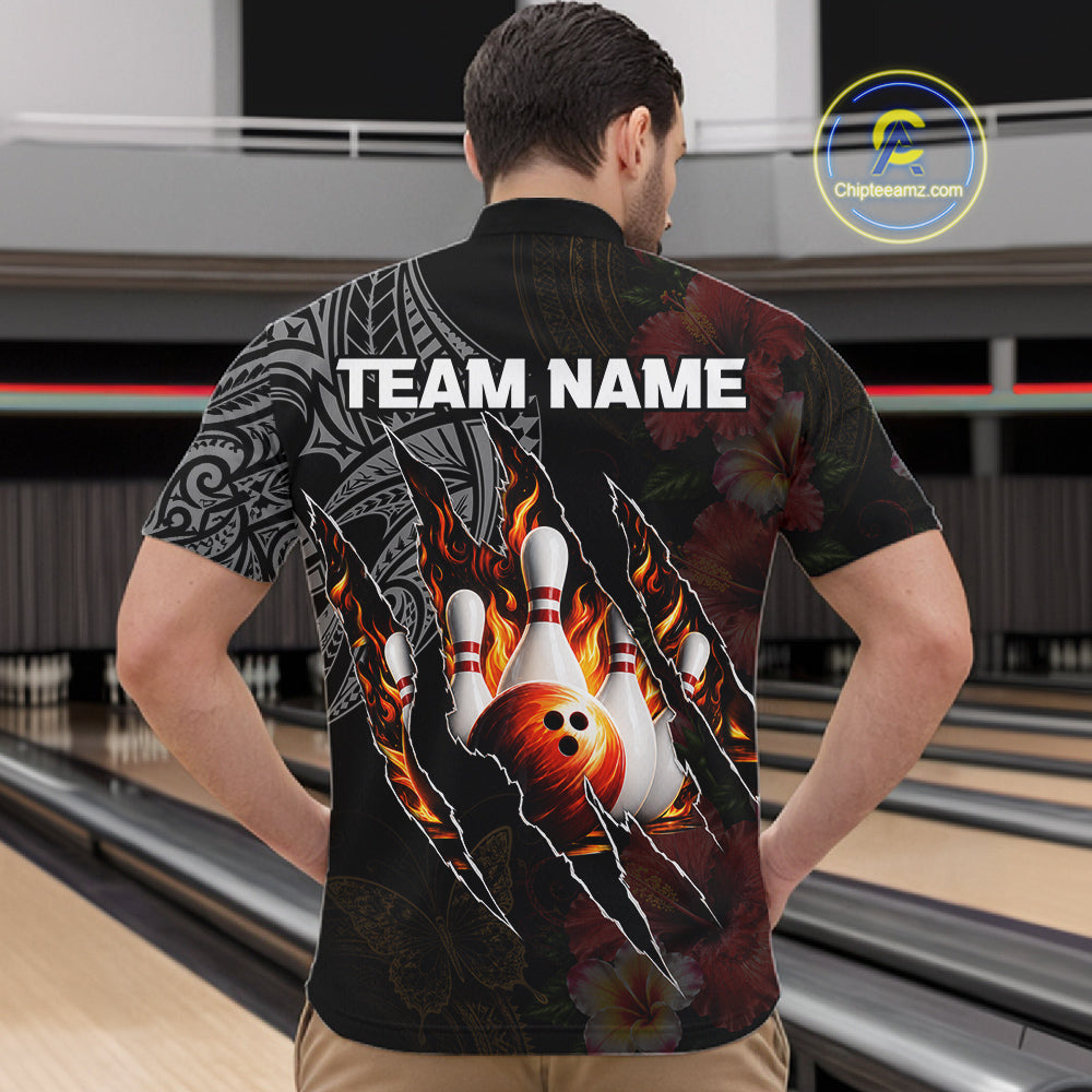 Personalized Hibiscus Flower Flame Bowling Shirt For Men, Tribal Bowling Team Jersey Polo, 1/4 Zip TDM6501