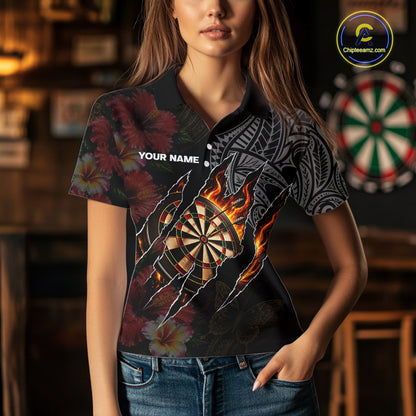Personalized Hibiscus Flower Flame Darts Shirt For Women, Tribal Darts Team Jersey Polo & 1/4 Zip TDM6502