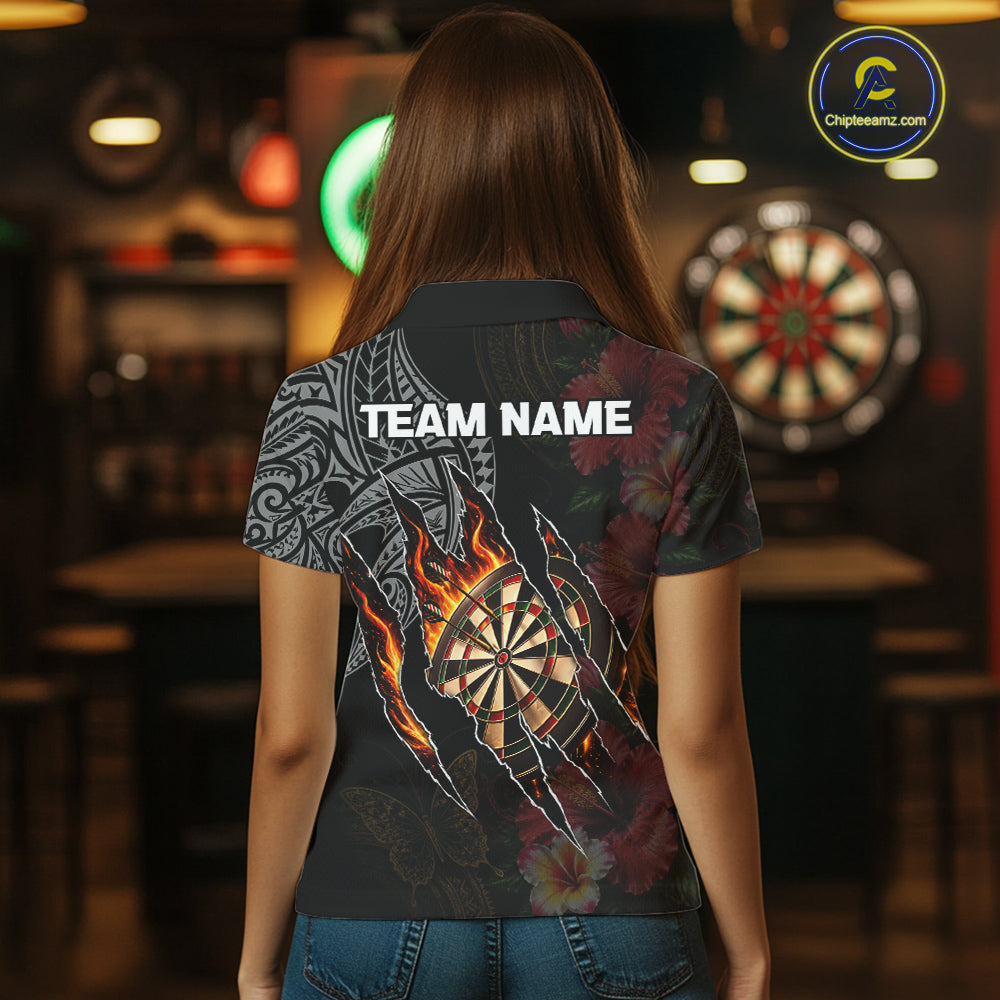 Personalized Hibiscus Flower Flame Darts Shirt For Women, Tribal Darts Team Jersey Polo & 1/4 Zip TDM6502