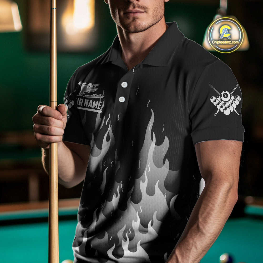 Black And Grey Flaming 8 Ball Pool Men Billiard Polo & 1/4 Zip Custom Pool Team Player Jersey TDM4186