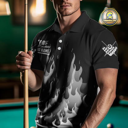 Black And Grey Flaming 8 Ball Pool Men Billiard Polo & 1/4 Zip Custom Pool Team Player Jersey TDM4186