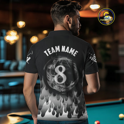 Black And Grey Flaming 8 Ball Pool Men Billiard Polo & 1/4 Zip Custom Pool Team Player Jersey TDM4186