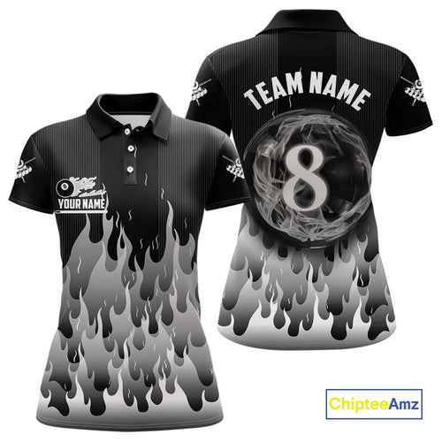 Black And Grey Flaming 8 Ball Pool Women Billiard Polo & 1/4 Zip Custom Pool Team Player Jersey TDM4186