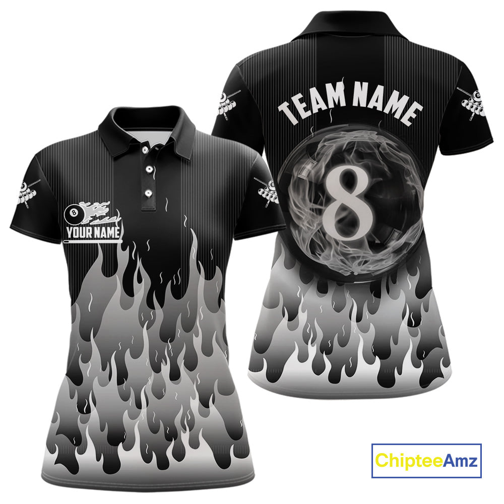 Black And Grey Flaming 8 Ball Pool Women Billiard Polo & 1/4 Zip Custom Pool Team Player Jersey TDM4186
