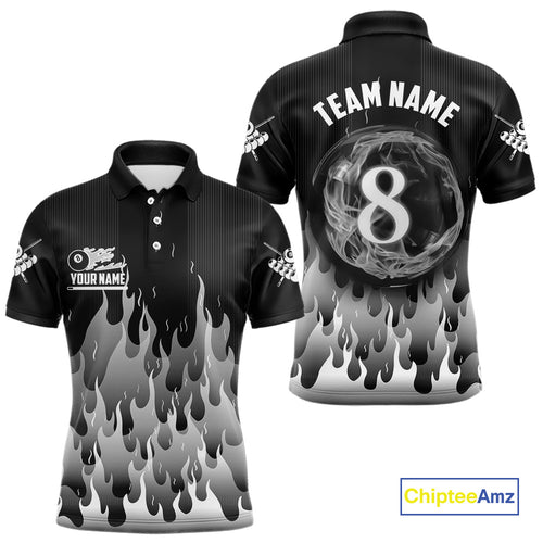 Black And Grey Flaming 8 Ball Pool Men Billiard Polo & 1/4 Zip Custom Pool Team Player Jersey TDM4186
