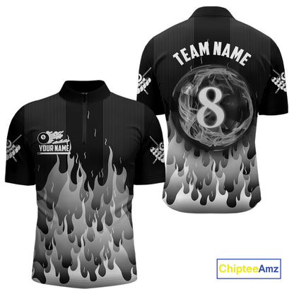 Black And Grey Flaming 8 Ball Pool Men Billiard Polo & 1/4 Zip Custom Pool Team Player Jersey TDM4186