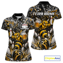 Load image into Gallery viewer, Yellow funny bee graffiti bowling team jersey polo shirt for women featuring colorful graffiti bee artwork, premium custom bowling league apparel for tournaments, league nights and competitive bowling teams.
