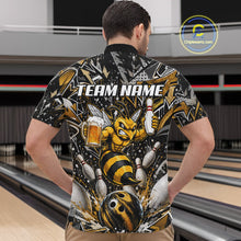 Load image into Gallery viewer, Man wearing yellow funny bee graffiti bowling team jersey quarter zip shirt featuring colorful graffiti bee artwork, back view.