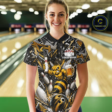 Load image into Gallery viewer, Woman wearing yellow funny bee graffiti bowling team jersey polo shirt featuring colorful graffiti bee artwork, back view.