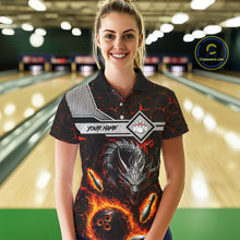 Load image into Gallery viewer, Woman wearing personalized fire flame dragon bowling team jersey polo shirt featuring blazing fire dragon artwork, front view.