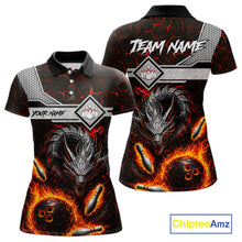 Load image into Gallery viewer, Personalized fire flame dragon bowling team jersey polo shirt for women featuring a fierce fire dragon design, premium custom bowling league apparel for tournaments, league nights and competitive bowling teams.