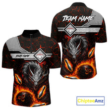 Load image into Gallery viewer, Personalized fire flame dragon bowling team jersey quarter zip shirt for men featuring blazing fire dragon artwork, premium custom bowling league apparel for tournaments and league play.