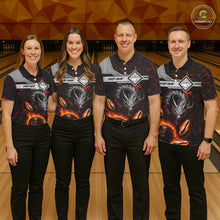 Load image into Gallery viewer, Bowling team wearing matching personalized fire flame dragon bowling team jerseys featuring premium fire dragon artwork, front view.