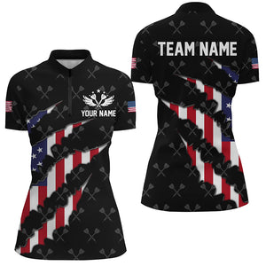 Personalized American Flag Darts Pattern Women Polo & 1/4 Zip Shirts, Black Patriotic Dart Jerseys TDM2728