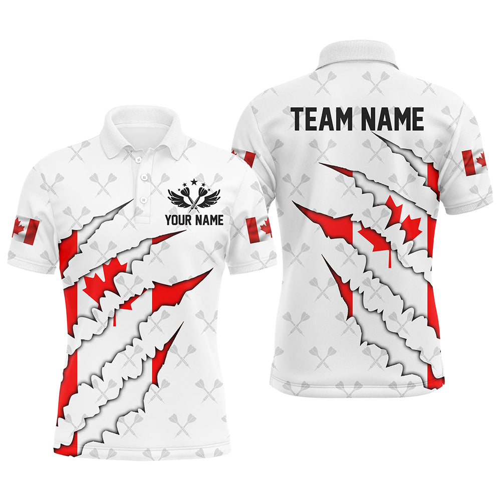 Canada Flag Darts Pattern Custom Polo & Quarter-Zip Shirts For Men, White Patriotic Darts Jerseys TDM2730