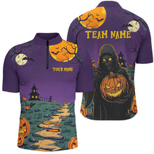 Load image into Gallery viewer, Purple Halloween Spook Night Custom Men Dart Shirts, Scary Death Skeleton Halloween Darts Gifts TDM2738