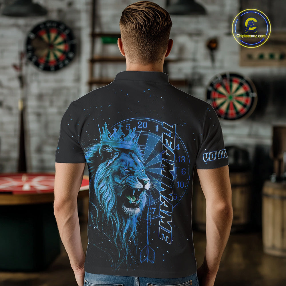 Black And Blue Funny Lion Crown Darts Shirt For Men Custom Darts League Jersey Polo & 1/4 Zip TDM5001